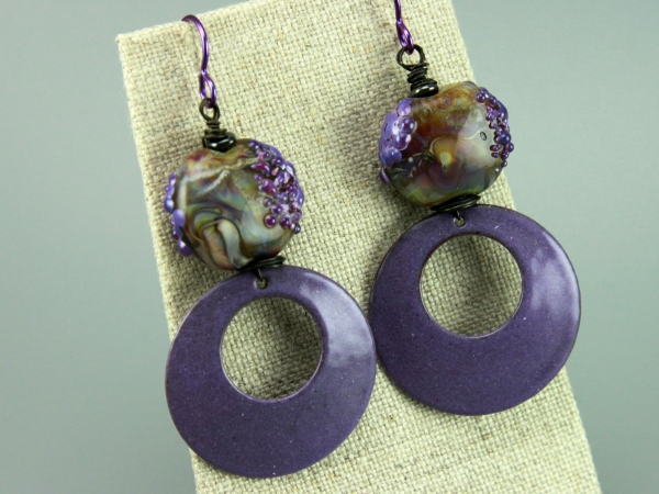 Luscious Purple Enameled Hoop Earrings with Purple 'n Green Glass