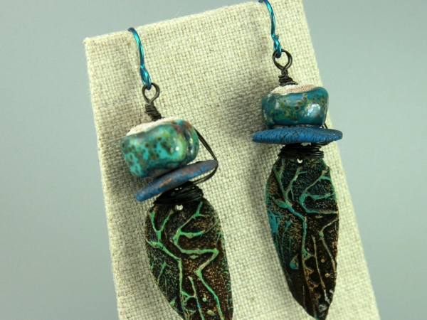 Rustic Boho Blue Black & Turquoise Paleolithic Ceramic Earrings