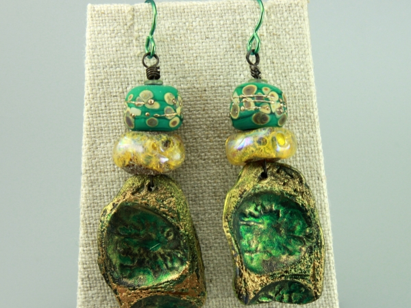 Polymer Clay Pod Earrings in Green & Gold
