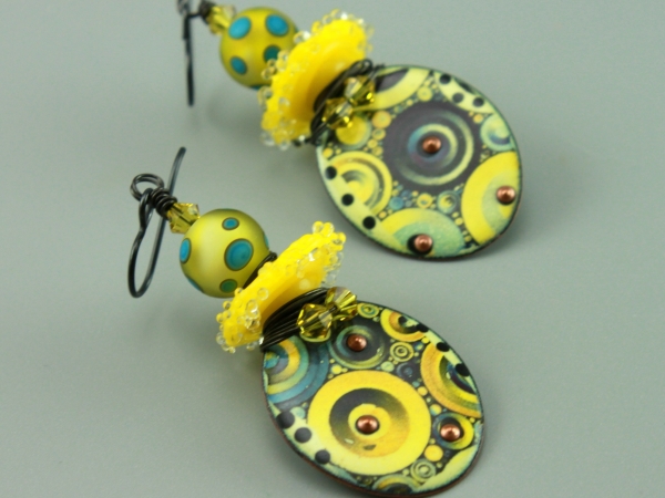 Yellow & Blue Glass & Enameled Earrings
