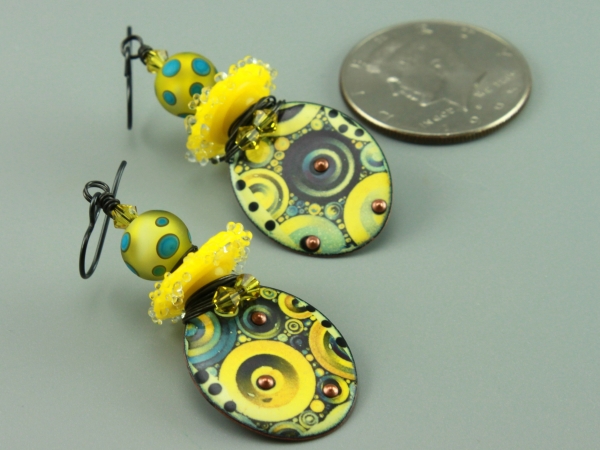Yellow & Blue Glass & Enameled Earrings
