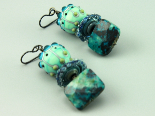 Aqua Teal Blue Glass & Chrysocolla Gemstone Earrings