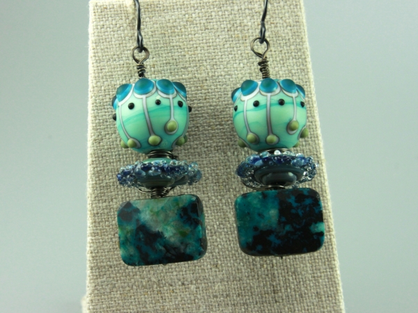 Aqua Teal Blue Glass & Chrysocolla Gemstone Earrings