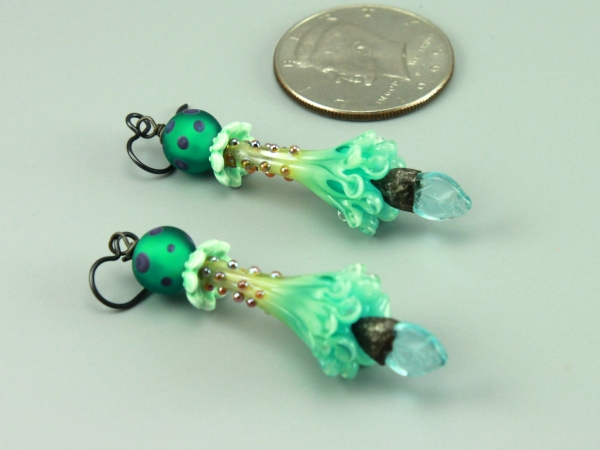 Aqua Green Trumpet Glass Flower Earrings