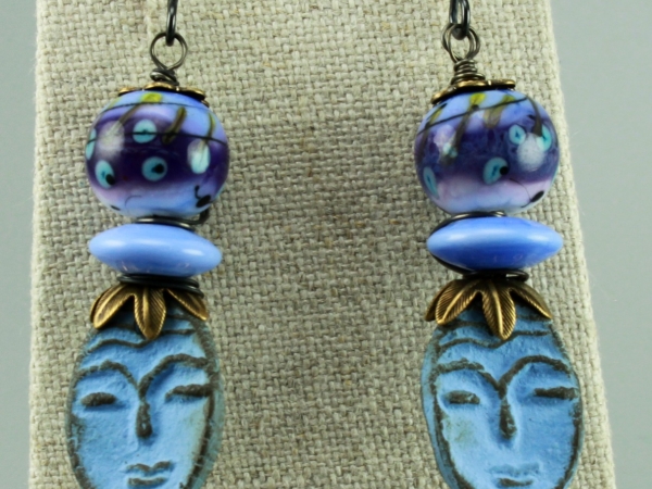 Blue Ceramic Face & Glass Bead Earrings