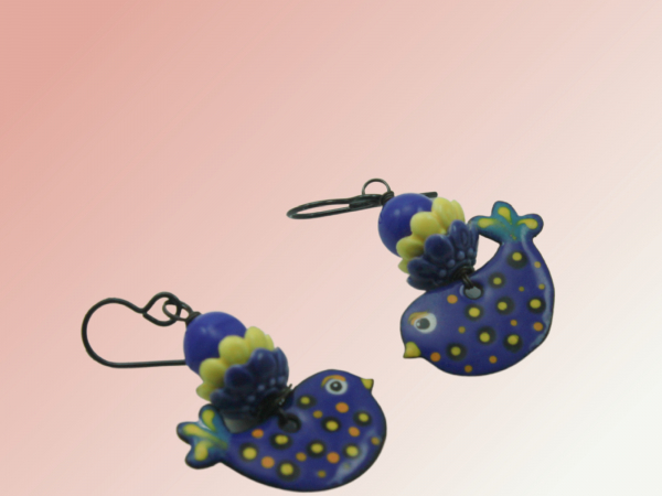 Dark Blue Bird Earrings with Yellow Accents