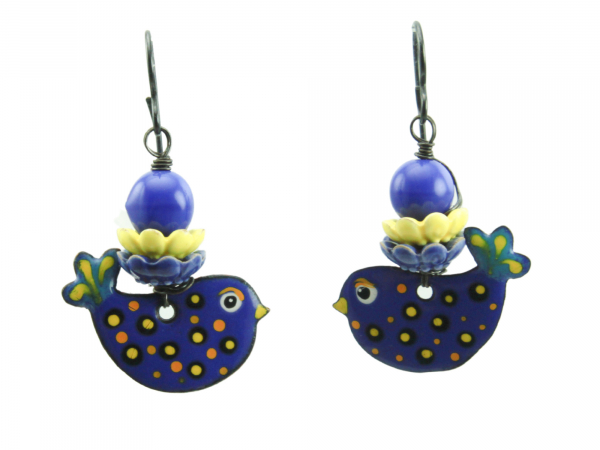 Dark Blue Bird Earrings with Yellow Accents