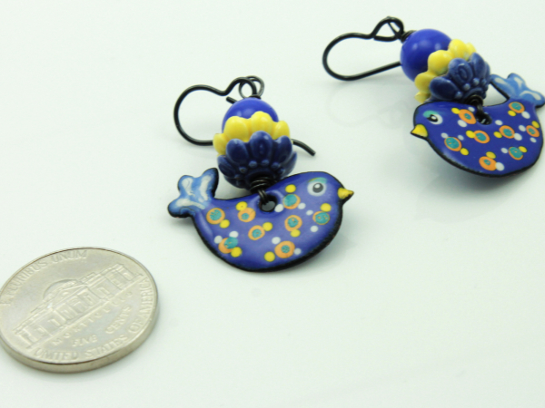 Blue Bire Yellow Dot Enameled Earrings for Ukraine Fundraiser
