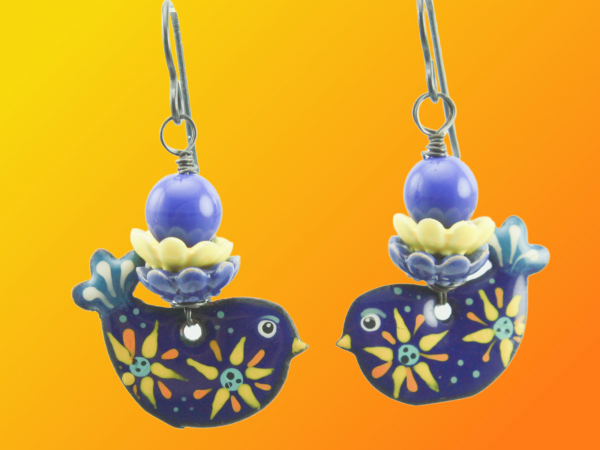 Ukraine Fundraiser Jewelry, Blue Bird with Yellow Sunflower Earrings