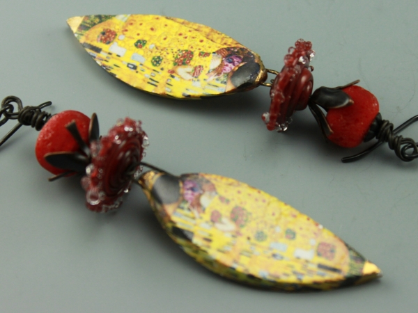 Ceramic  Earrings-Decal of The Kiss by Gustav Klimt
