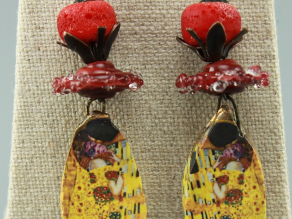 Ceramic  Earrings-Decal of The Kiss by Gustav Klimt