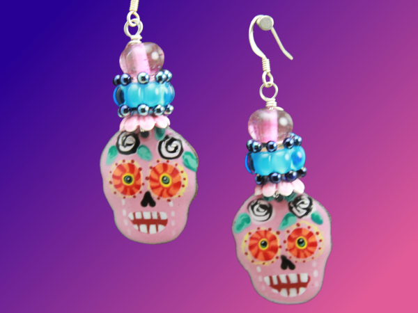 Pink Sugar Skull Earrings, Fall Earrings, Halloween Earrings