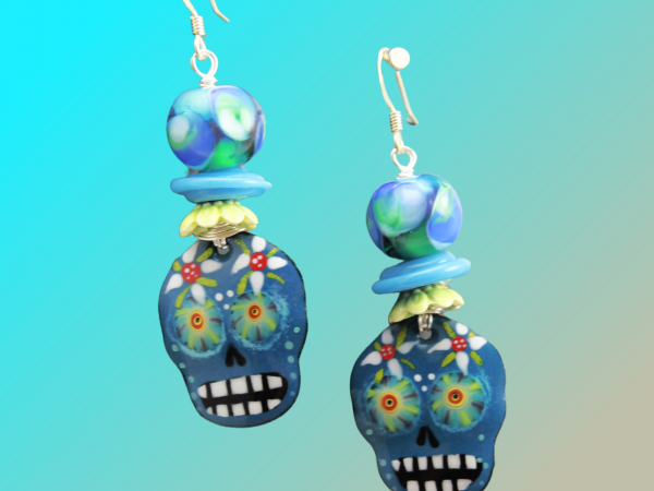 Blue Aqua Sugar Skull Earrings, Fall Earrings, Halloween Earrings