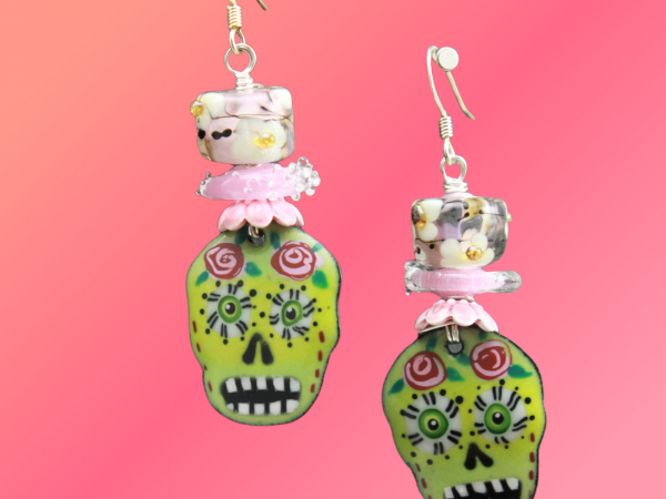 Pink & Green Sugar Skull Earrings, Fall Earrings, Halloween Earrings
