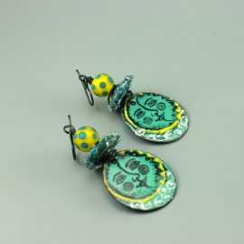 Blue & Yellow Moon Face Earrings, 1425