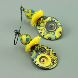 Yellow & Blue Glass & Enameled Earrings