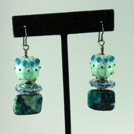 Aqua Teal Blue Glass & Chrysocolla Gemstone Earrings