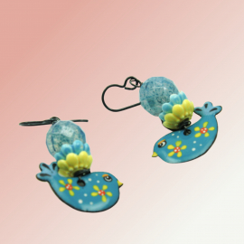 Ukraine Fund Raising Blue Yellow Sunflower Birdie Earrings