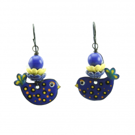 Dark Blue Bird Earrings with Yellow Accents