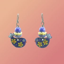 Ukraine Fund Raising Blue Yellow Sunflower Birdie Earrings