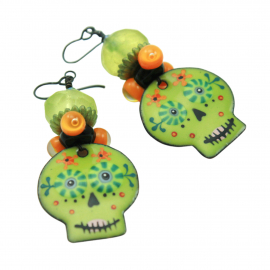 #1748, Lime Green & Orange Skull Enameled Earrings