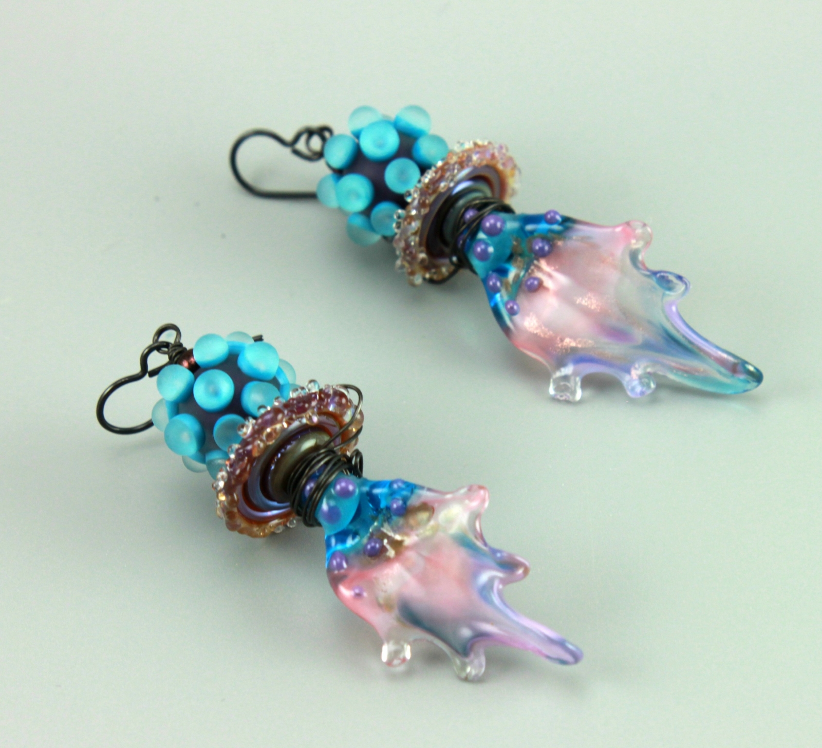 Blue Glass Leaf Copper Boho Dangle Earrings with Niobium Ear wires