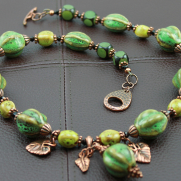 #196, Rustic Bohemian Green Ceramic Necklacke and Earrings