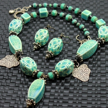 #199, Zen Boho Aqua Ceramic Necklace & Earrings