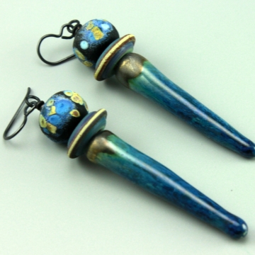 #776, Boho Aqua Blue Raku Ceramic Earrings