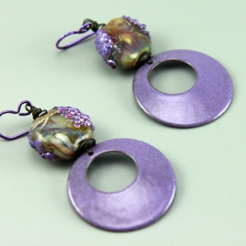 #1047, Earrings, Dangle Earrings, Handmade Earrings, Luscious Purple Enameled Hoop Earrings with Purple 'n Green Glass