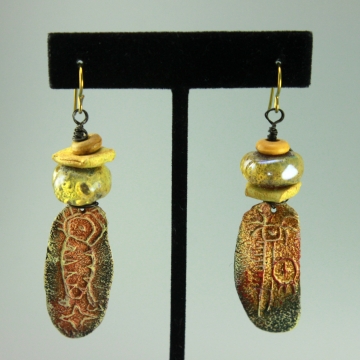 #1054, Rustic Yellow Paleolithic Ceramic Earrings
