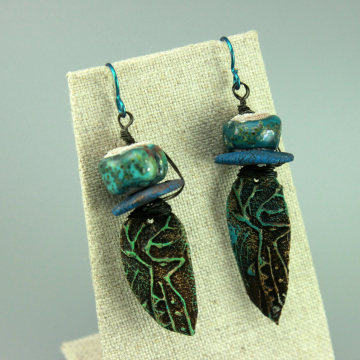 #1053,Rustic Boho Blue Black & Turquoise Paleolithic Ceramic Earrings