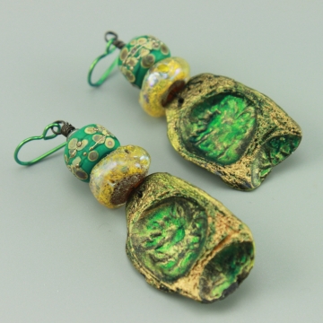 #1051B, Polymer Clay Pod Earrings in Green & Gold