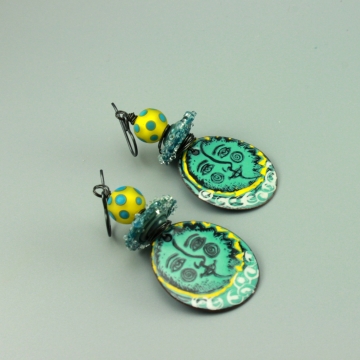 Blue & Yellow Moon Face Enameled Earrings, 1425