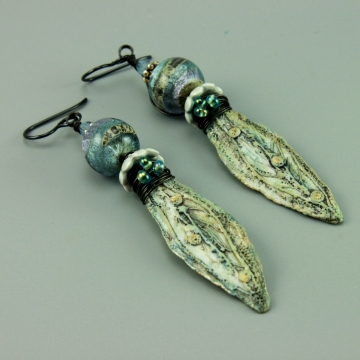 #1439, Pale Blue Ivory Gold Porcelain Earrings