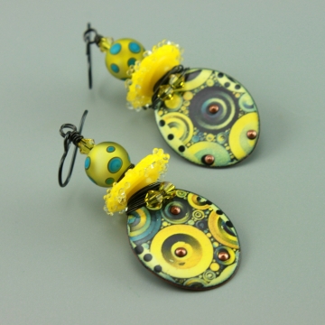 #1432, Earrings, Dangle Earrings, Handmade Earrings, Yellow & Blue Glass & Enameled Earrings