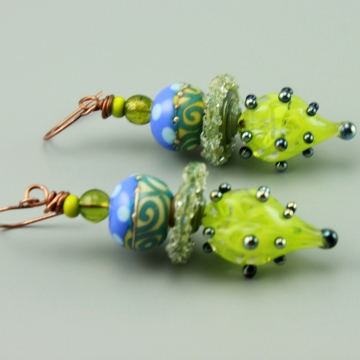 #1429, Earrings, Dangle Earrings, Handmade Earrings, Lime Green & Blue Glass Earrings