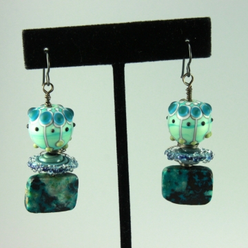 Aqua Teal Blue Glass & Chrysocolla Gemstone Earrings, 1449