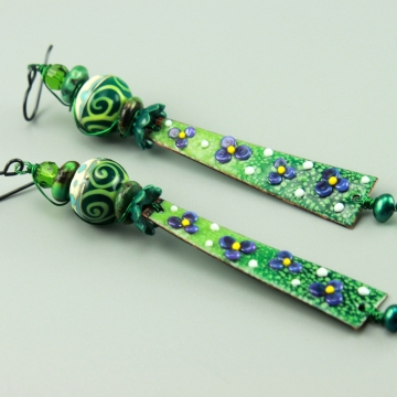Long Green Floral Earrings, 1447
