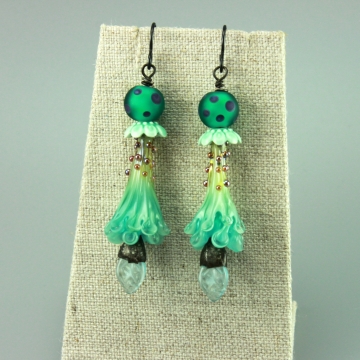 Aqua Green Trumpet Glass Flower Earrings, 1444