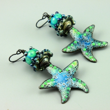 #1442A, Earrings, Dangle Earrings, Handmade Earrings, Teal Aqua Blue Green Enameled Starfish Earrings