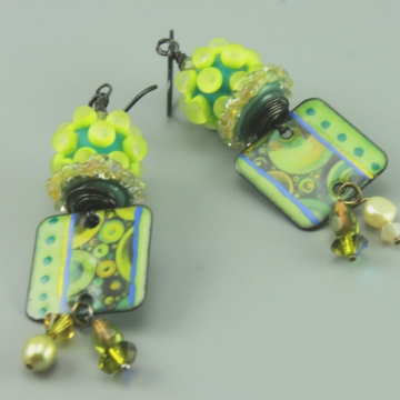 #1467, Earrings, Dangle Earrings, Handmade Earrings, Green Enameled Glass Earrings