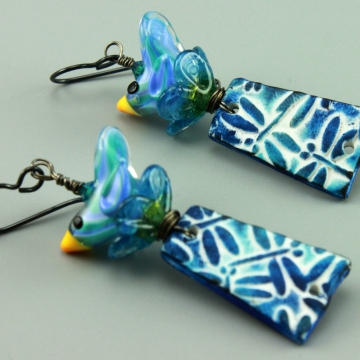 #1443, Earrings, Dangle Earrings, Handmade Earrings, Blue Dragon Fly & Bird Earrings