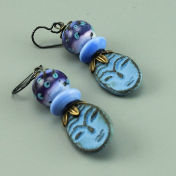 #1454, Earrings, Dangle Earrings, Handmade Earrings, Blue Ceramic Face & Glass Bead Earrings