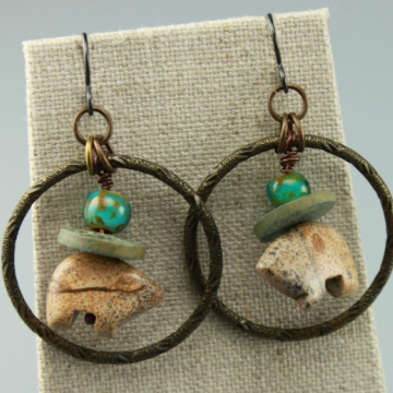 Rustic Earrings, Rustic Jasper Gemstone Bear Earrings, Hippie Earrings, Primitive Earrings, Tan Earrings, Turquoise Earrings, #747-114 Rustic Earrings, Rustic Jasper Gemstone Bear Earrings, Hippie Earrings, Primitive Earrings, Tan Earrings, Turquoise Earrings, #747-114