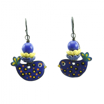 SOLD....#1770, Dark Blue Bird Earrings with Yellow Accents, Ukraine Fundraiser Earrings