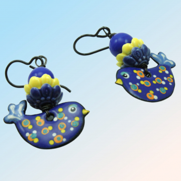 #1771, Blue Bire Yellow Dot Enameled Earrings for Ukraine Fundraiser