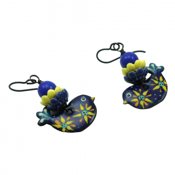 #1773, Ukraine Fundraiser Jewelry, Blue Bird with Yellow Sunflower Earrings, Glass Enameled Earrings