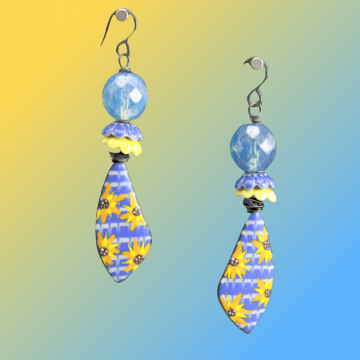 #1774, Ukraine Fundraiser, Blue Earrings with Yellow Sunflowers, Ukraine Colors