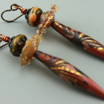 #804, Earrings, Dangle Earrings, Handmade Jewelry, Dark Caramel, Black & Gold Earrings